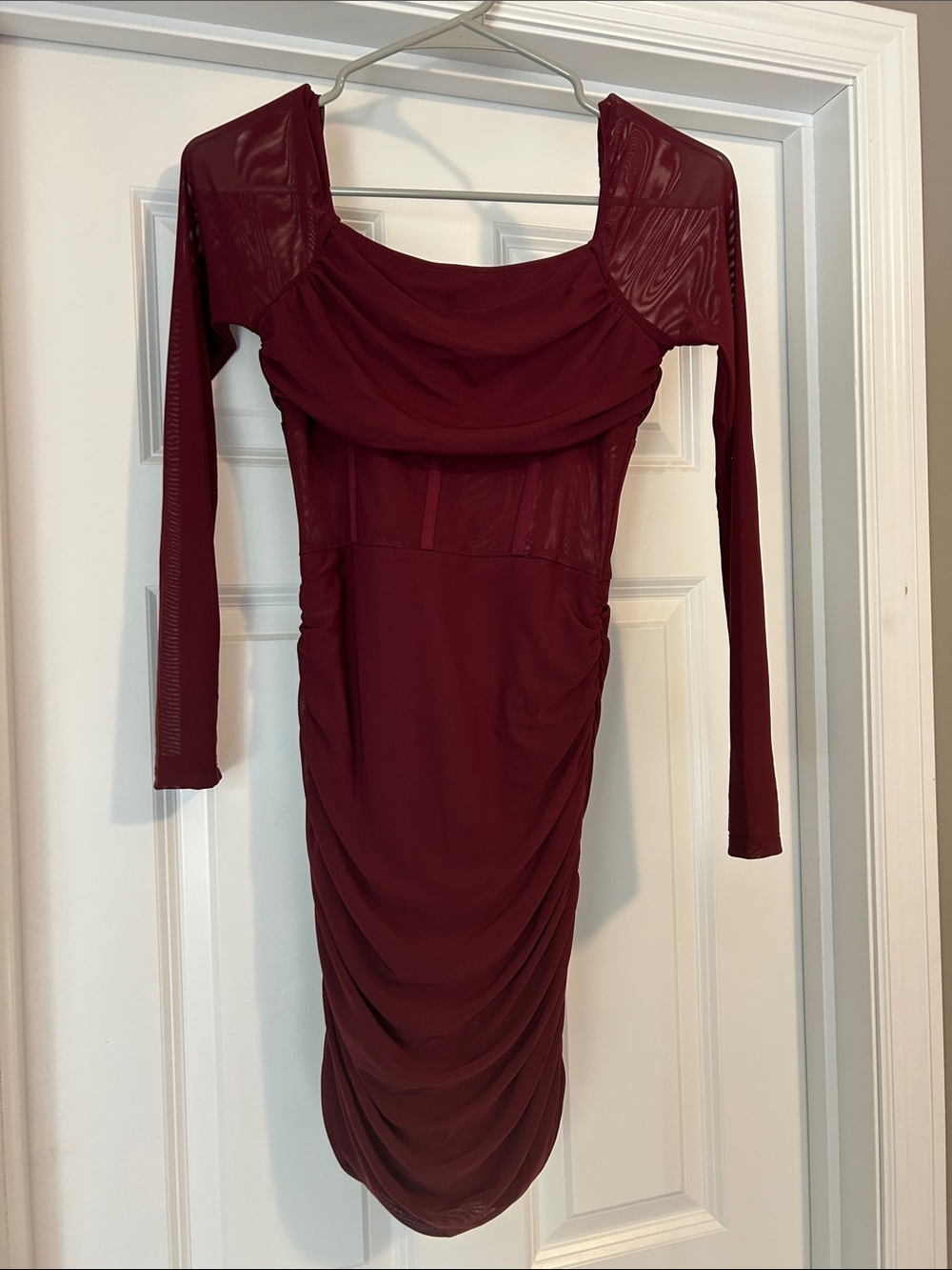 Long Sleeve Ruched Off-Shoulder Dress in Burgundy